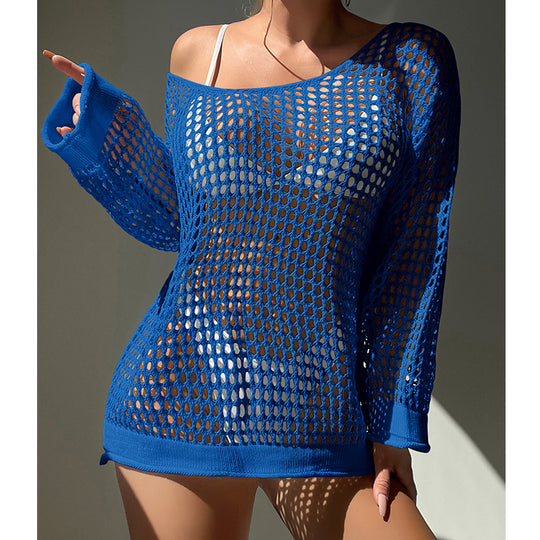 Damen luftiger Grobstrick Pullover mit weitem Schnitt und offenen Ärmeln EB