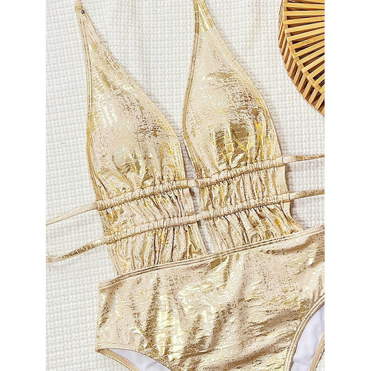Damen Glänzender und figurbetonter Einteiler Badeanzug mit Cut-Outs EB