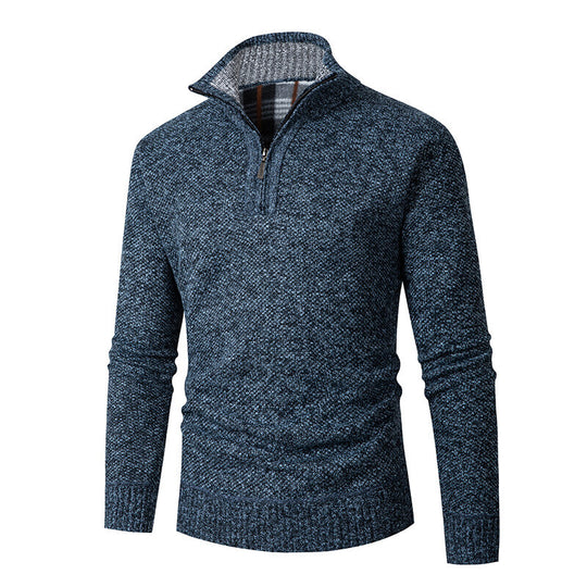 Herren nan grobgestrickter Halfzip-Pullover mit Stehkragen und karierter Krageninnenseite EB