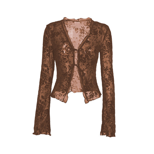 Damen Transparente Spitzenjacke mit floralen Mustern EB