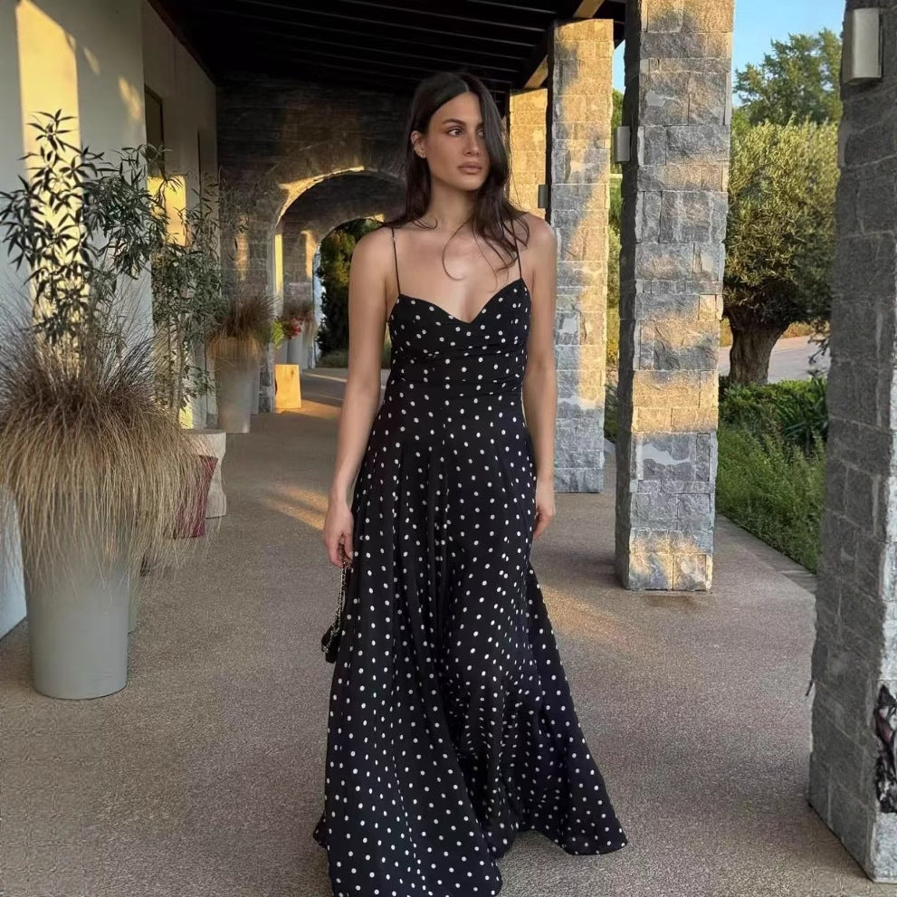 Damen Midikleid mit zarten Spaghetti-Trägern und verspieltem Polka-Dots-Design EB