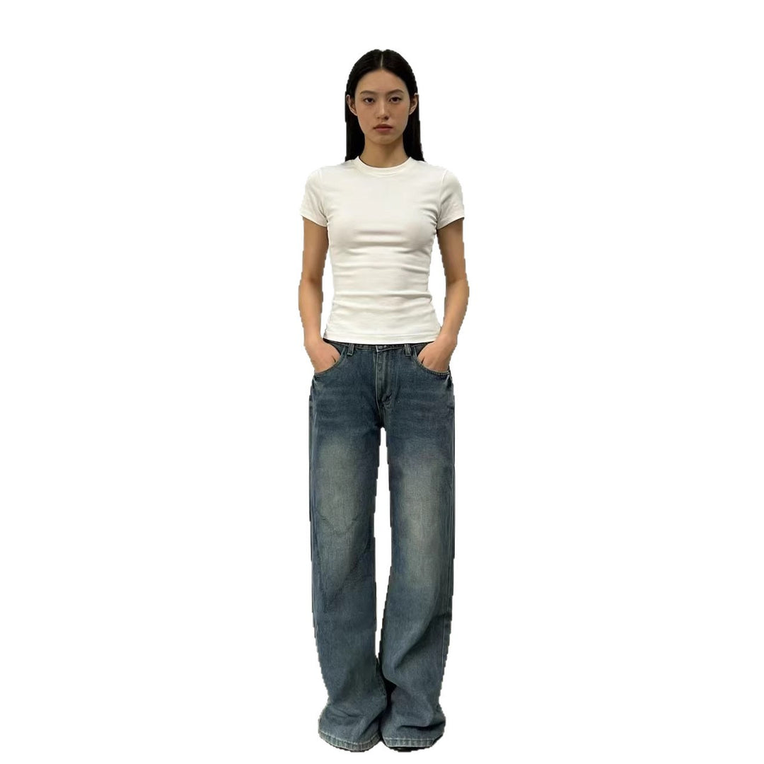 Damen weite High-Waist Jeans mit lässigem Schnitt und individuellen Waschungen EB