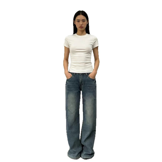 Damen weite High-Waist Jeans mit lässigem Schnitt und individuellen Waschungen EB