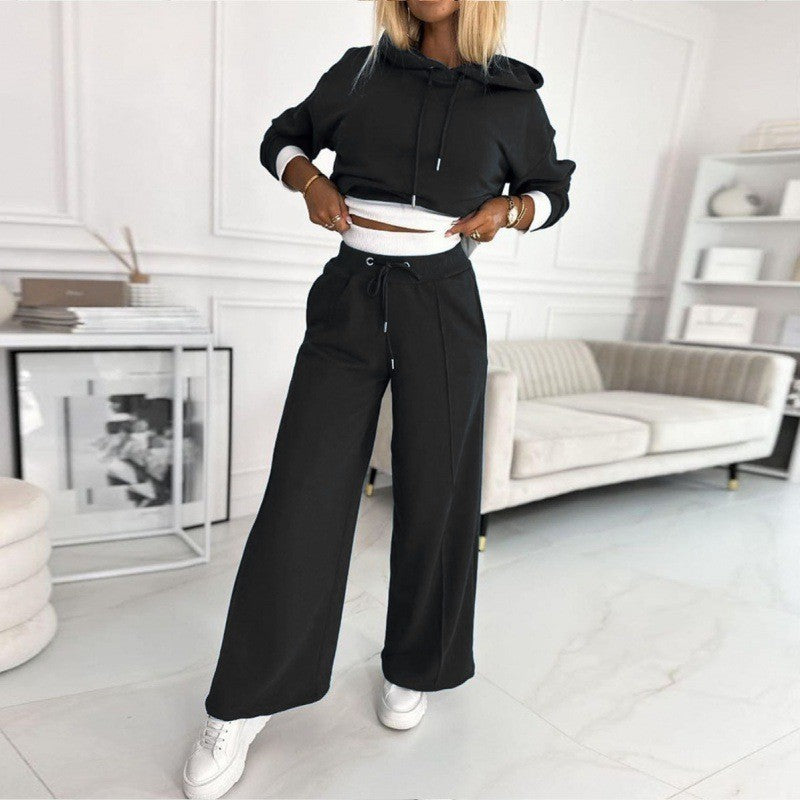 Damen nan Cropped Kapuzenpullover und weite taillenhohe Jogginghose Set EB