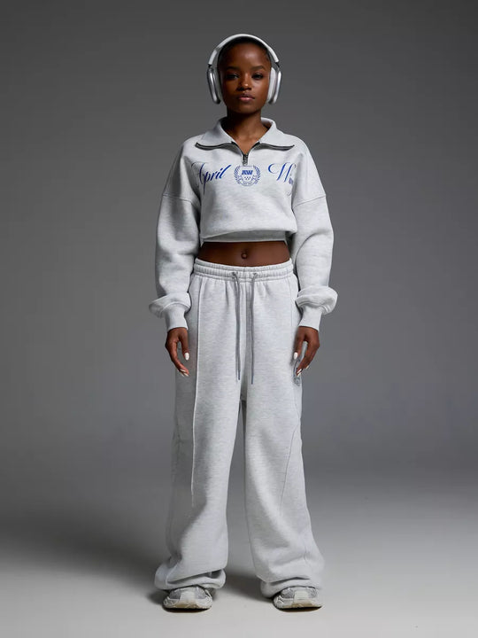Damen Cropped Halbzip-Sweatshirt mit weitem High‑Waist Loungehose Set EB