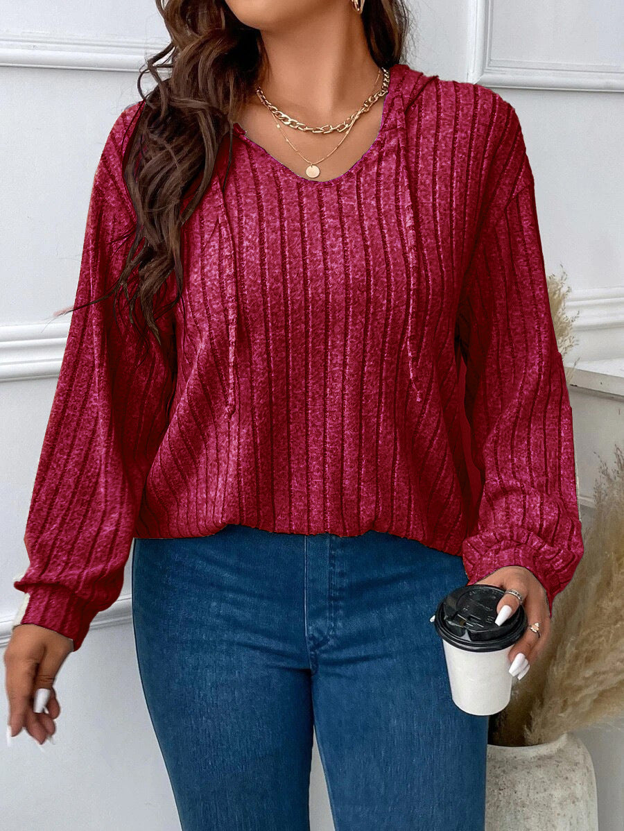 Damen nan gerippter Kapuzenpullover aus Feinstrick mit V-Ausschnitt EB