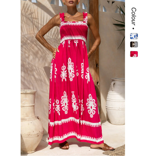 Damen Maxikleid mit elastischem Oberteil und detailliertem Muster EB