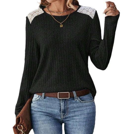 Damen Langarmshirt mit feinen Rippdetails und Spitzenakzenten EB
