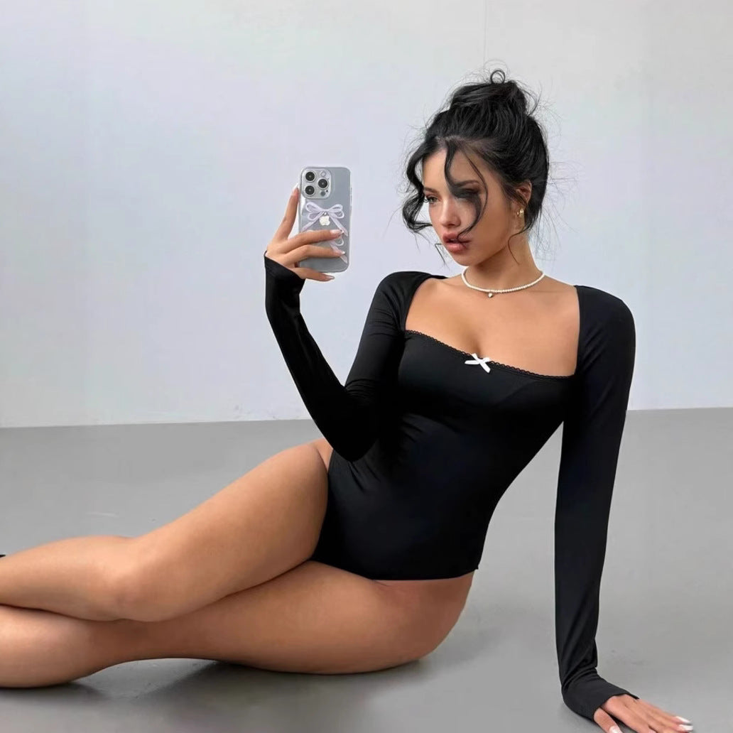 Damen Figurbetontes Langarm-Body mit elegantem Ausschnitt EB