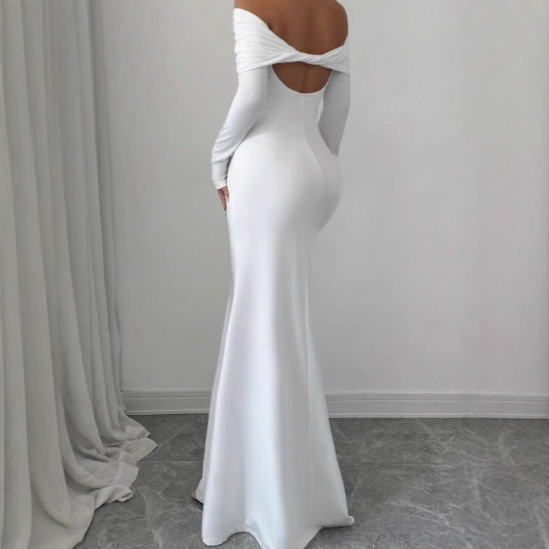Damen Elegantes Off-Shoulder Maxikleid mit langem Arm und drapiertem Oberteil EB