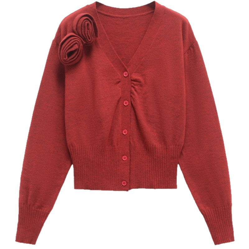 Damen modische Strickjacke mit Druckknopfverschluss und dekorativem Rüschendetail EB