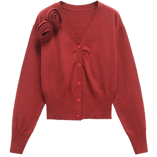 Damen modische Strickjacke mit Druckknopfverschluss und dekorativem Rüschendetail EB