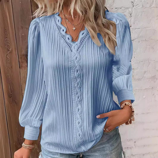 Damen nan romantische V-Ausschnitt Spitzenbluse mit Plissee und Puffärmeln EB