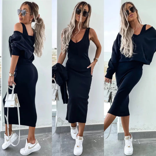 Damen nan zweiteiliges Midirock-Set mit off-shoulder Oversize-Sweatshirt und figurbetontem Bleistiftrock EB