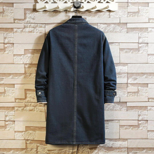 Herren nan langer Overshirt Mantel aus Denim mit Druckknopfleiste und aufgesetzten Taschen EB