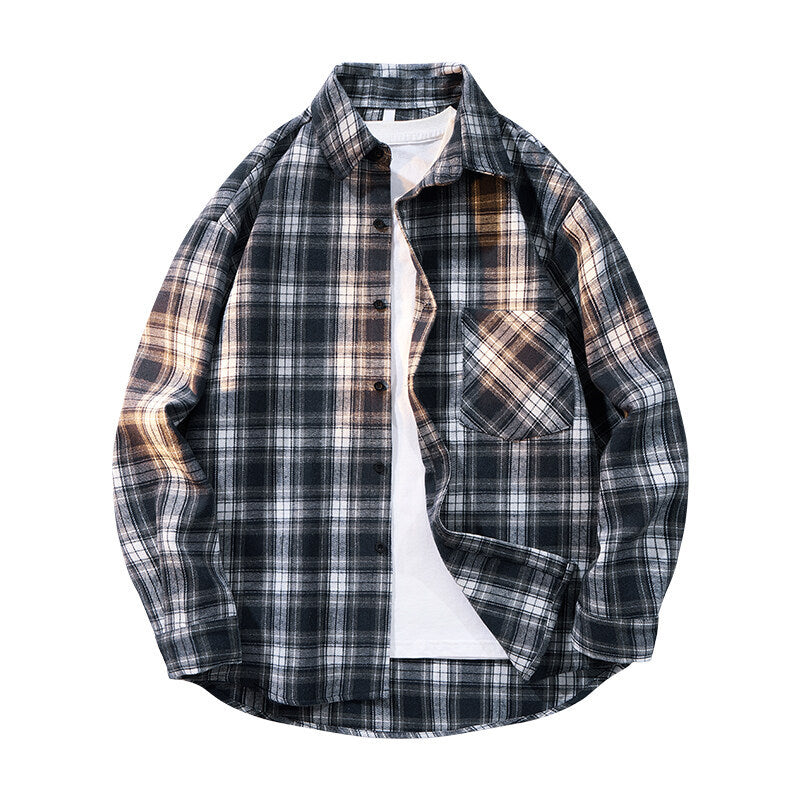 Herren nan kariertes Oversized Flanellhemd mit aufgesetzter Brusttasche, Rundem Saum und durchgeknöpfter Vorderseite EB