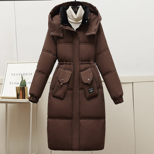 Damen Lange Pufferjacke mit abnehmbarer Kapuze und großen Taschen EB
