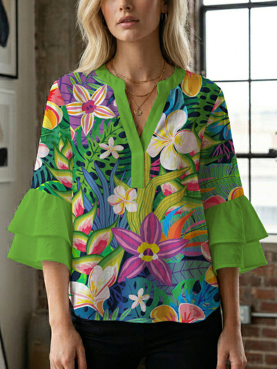 Damen Blusenshirt mit voluminösen Ärmeln und floralem Muster EB