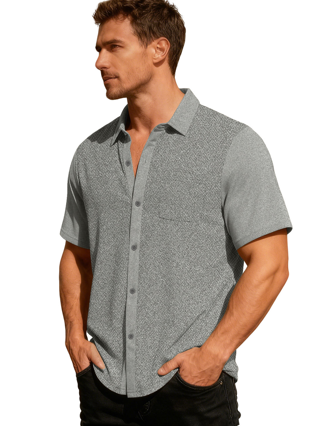 Herren nan legeres Kurzarmhemd mit Jacquardstruktur, kontrastierter Knopfleiste und Brusttasche EB