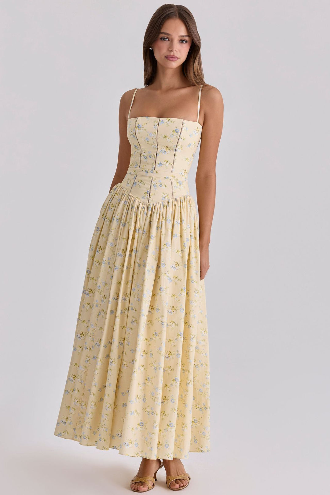 Damen Midi-Kleid mit verspielt floralen Details und Puffärmeln EB