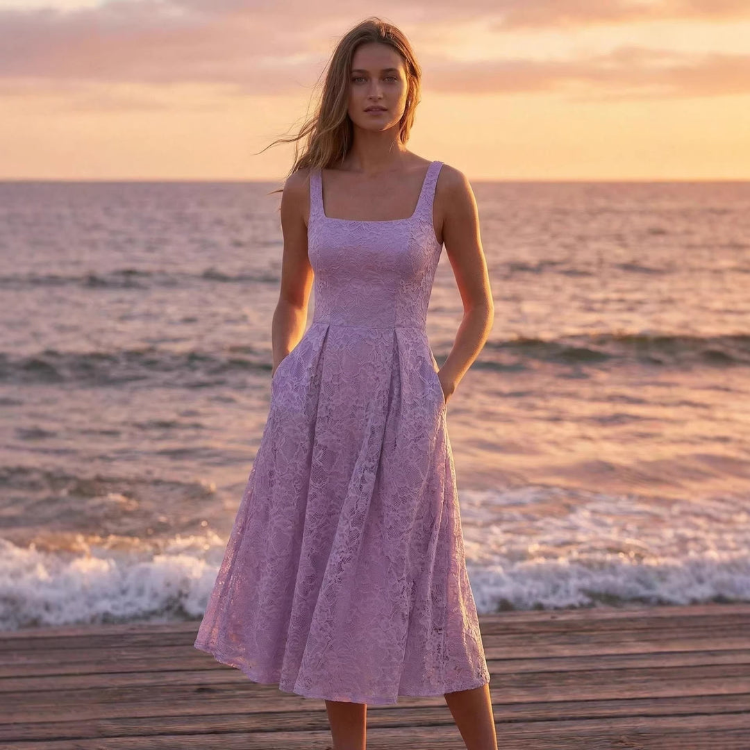 Damen Spitzen-Maxikleid im A-Linien-Stil mit tiefem Ausschnitt und taillierter Silhouette EB