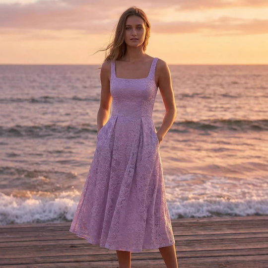 Damen Spitzen-Maxikleid im A-Linien-Stil mit tiefem Ausschnitt und taillierter Silhouette EB