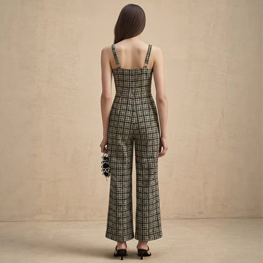 Damen Jumpsuit mit weiten Hosenbeinen und feinem Karomuster EB