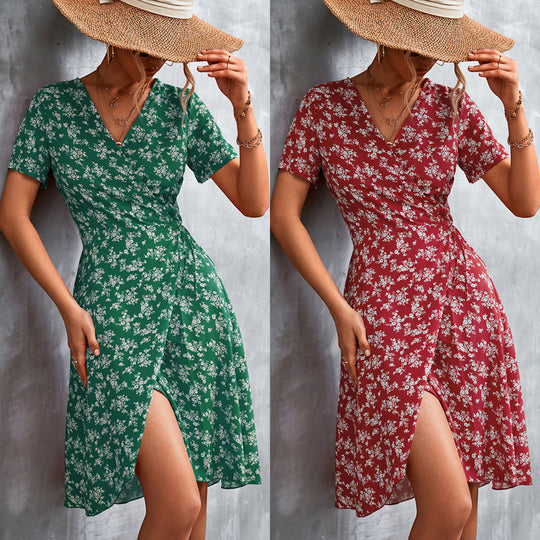 Damen Wickelkleid mit floralem Muster und seitlichem Schlitz EB