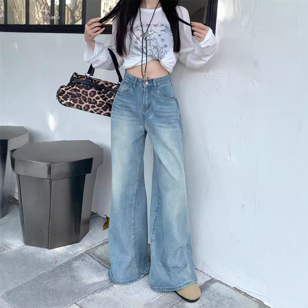 Damen Weite Flared Jeans mit hohem Bund und modischem Vintage-Design EB