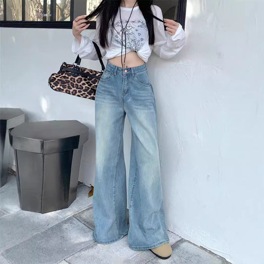 Damen Weite Flared Jeans mit hohem Bund und modischem Vintage-Design EB