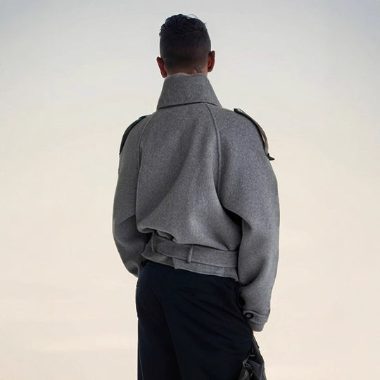 Damen modische Oversized-Wolljacke mit hohem Kragen und Gürtel EB