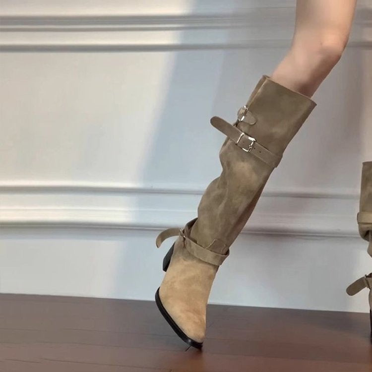 Damen Modische Overknee Stiefel mit verstellbaren Riemen und Blockabsatz EB