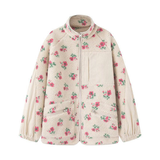 Damen nan Teddy-Fleece Jacke mit floralem Muster, Feincord-Einsätzen, Stehkragen und Reißverschluss EB