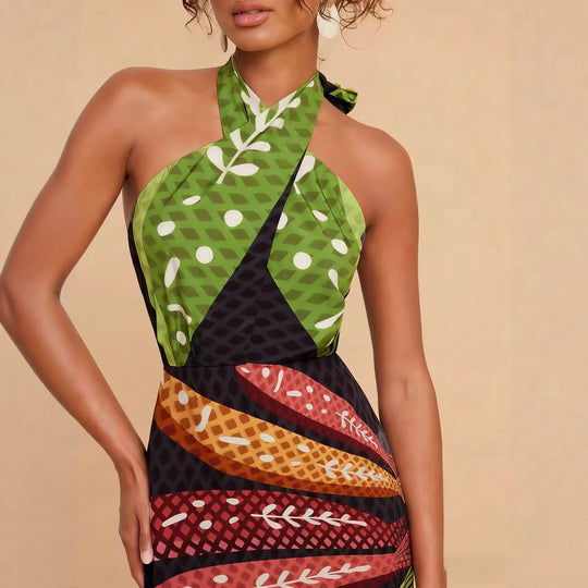 Damen Halterneck Maxikleid mit buntem Blattdesign und schwingendem Schnitt R&B