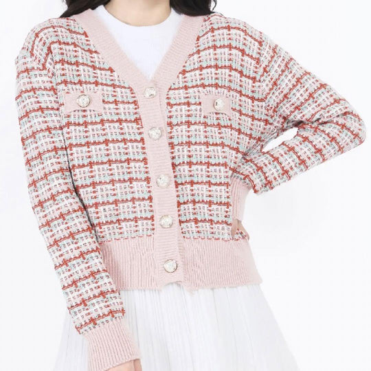 Damen modischer Strickcardigan mit farbenfrohem Muster und Knopfleiste EB