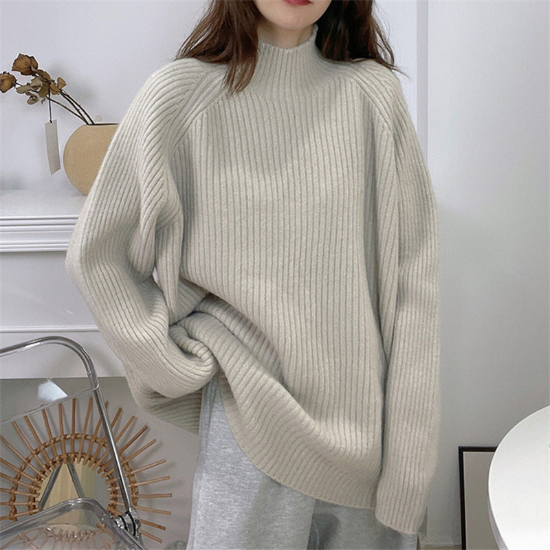 Damen Oversized Strickpullover mit hohem Kragen und feiner Rippstruktur EB