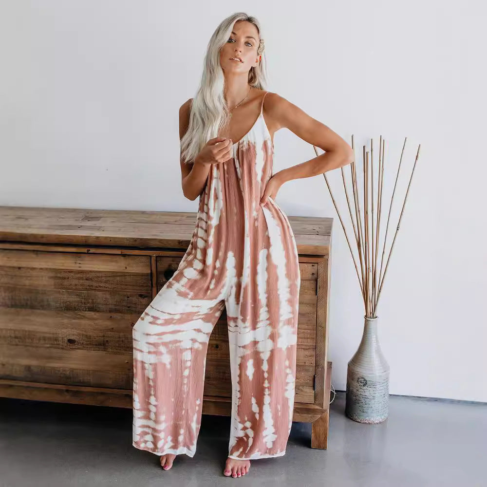 Damen Lässiger Maxijumpsuit aus leichtem Stoff mit Tie-Dye-Muster EB