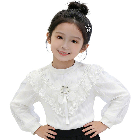 Mädchen elegante Bluse mit floralen Applikationen und transparenter Spitze EB