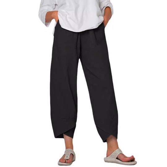 Damen nan lockere Leinenhose mit hohem Bund, Tulpen-Saum und seitlichen Eingrifftaschen EB