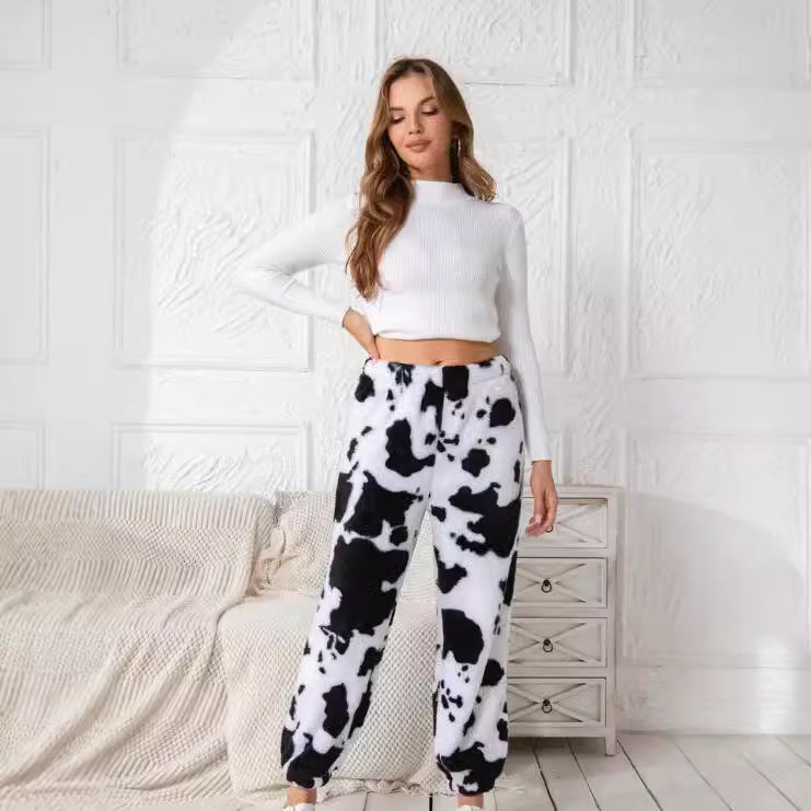 Damen kuschelige Fleece-Hose mit Leopardenmuster EB