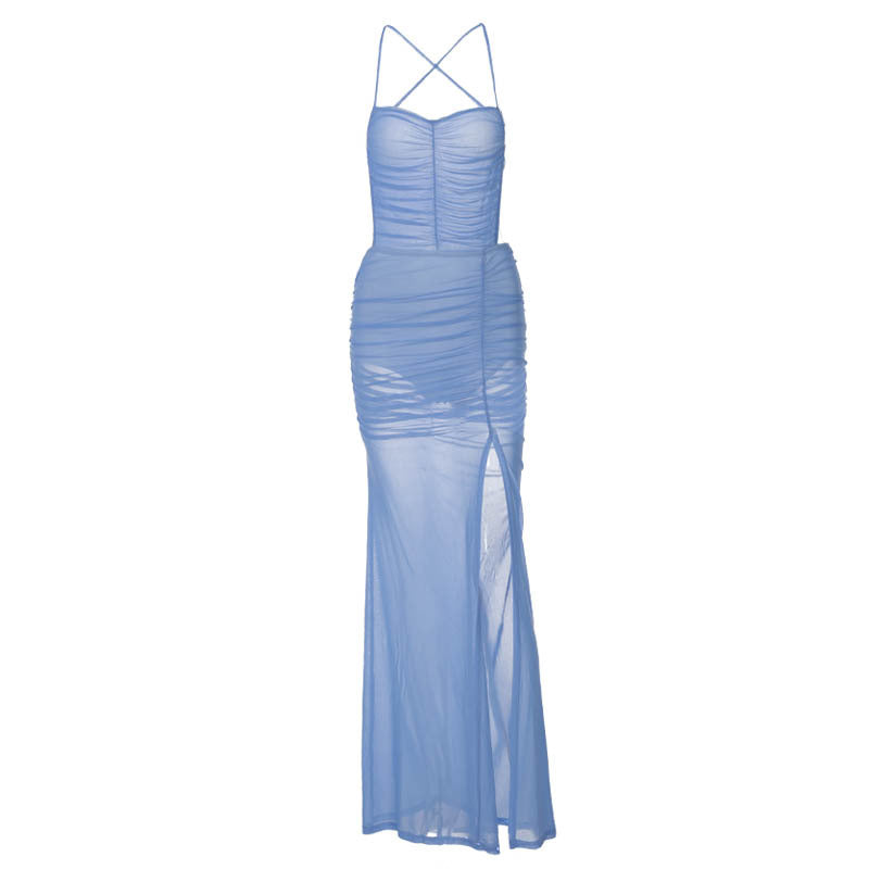 Damen Transparentes Maxikleid mit raffinierten Rüschendetails und Schlitz EB