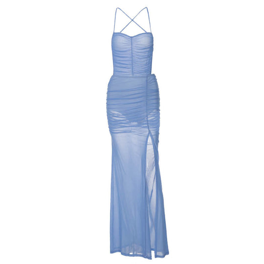 Damen Transparentes Maxikleid mit raffinierten Rüschendetails und Schlitz EB