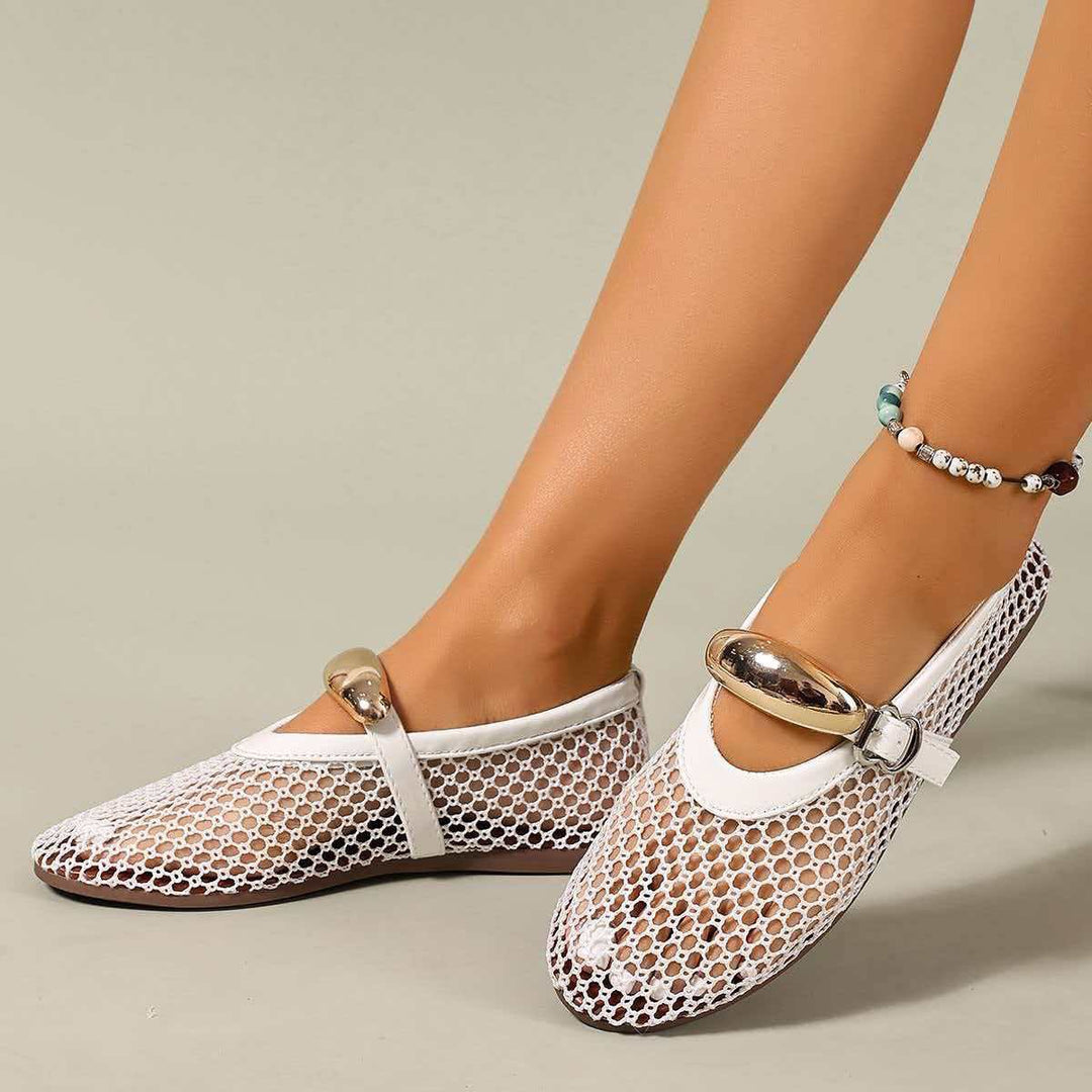 Damen atmungsaktive Mesh-Ballerinas mit dekorativen Schnallen und rutschfester Sohle EB