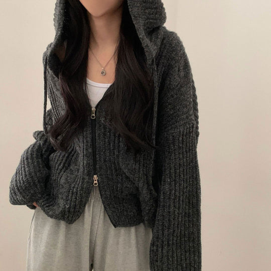 Damen Bequemer Strickjacke mit Kapuze und Reißverschluss EB
