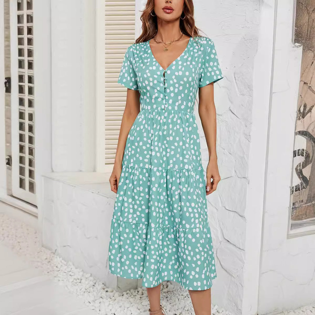Damen Midi-Kleid mit knopflosem V-Ausschnitt und voluminösem Rock EB