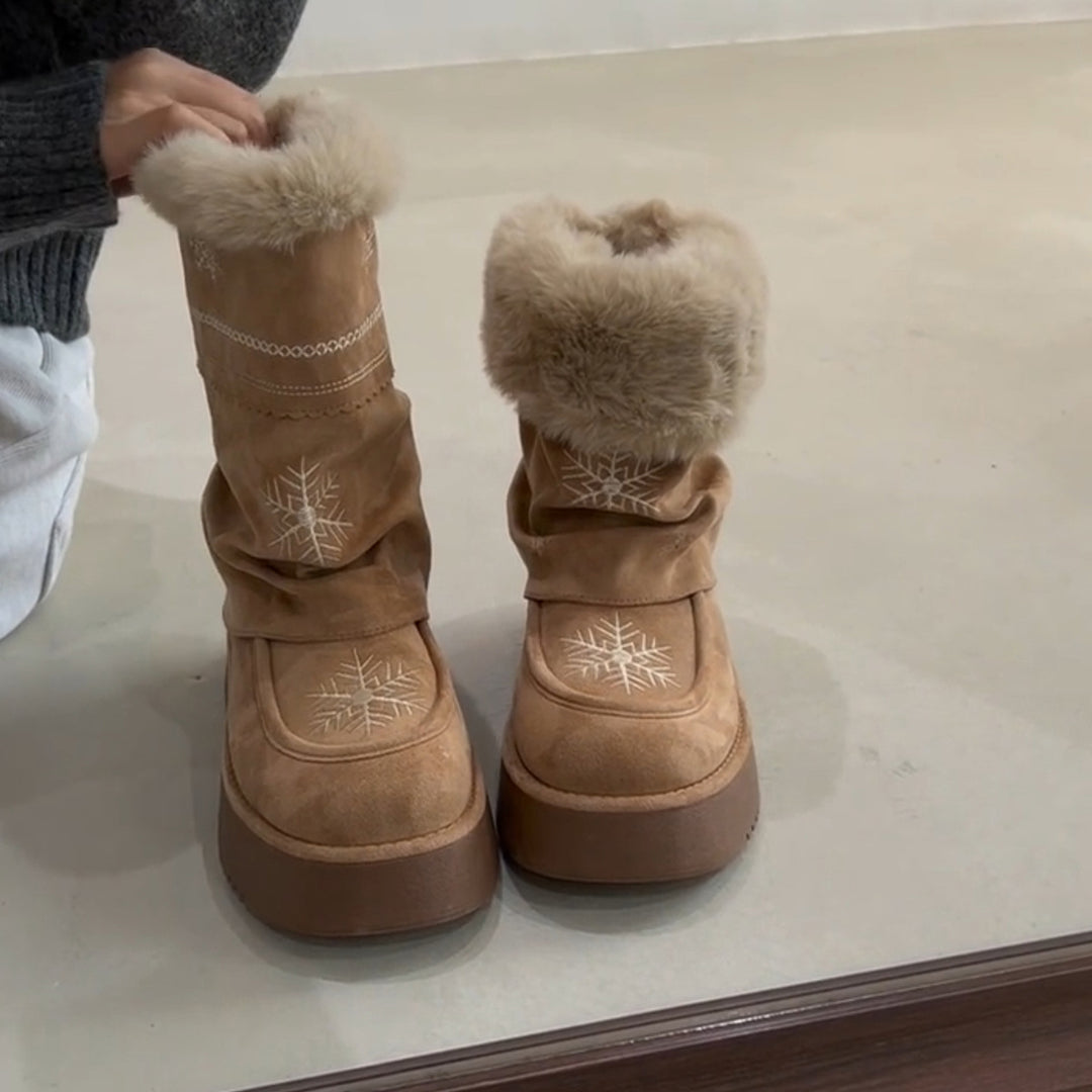 Damen Winterstiefel mit flauschigem Kragen und stilvollen Schneeflocken-Motiven EB