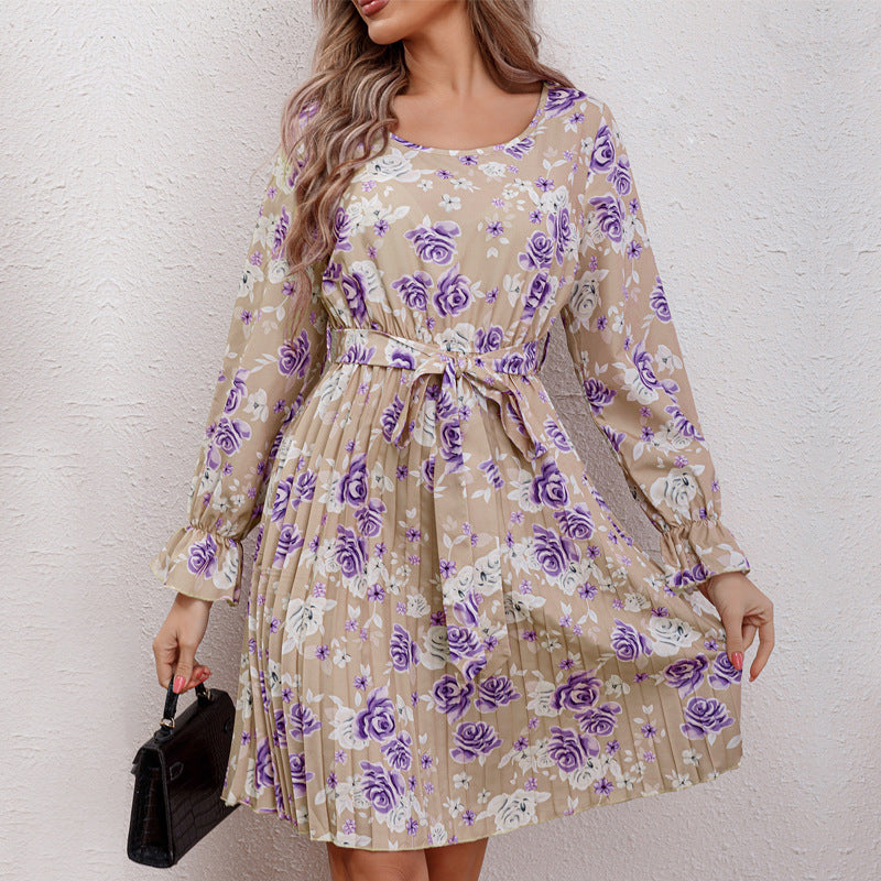 Damen Blusenkleid mit floralen Rüschendetails und Taillengürtel EB