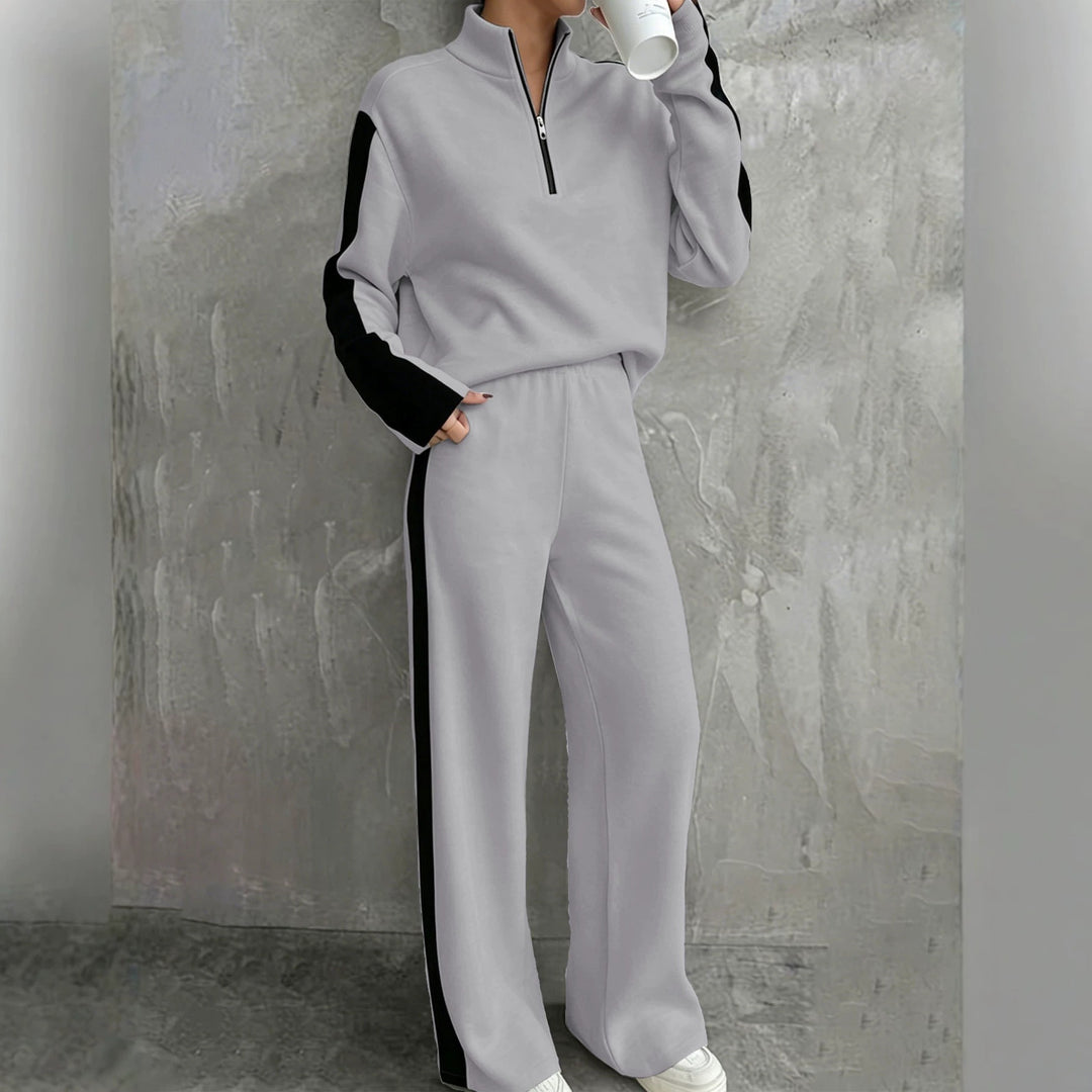 Damen nan lässiges Jogginganzug-Set mit Halbzip, elastischer Bund und seitlichen Kontraststreifen EB
