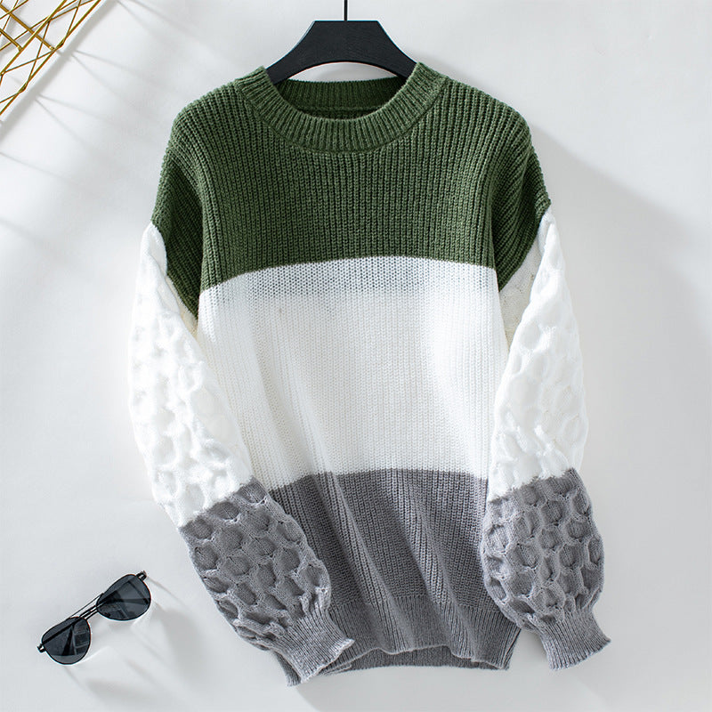 Damen modischer Pullover mit strukturierten Ärmeln und Blockstreifen EB