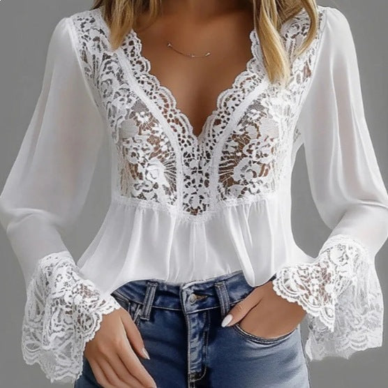 Damen elegante Bluse mit Spitzendetails und gerafftem Saum EB